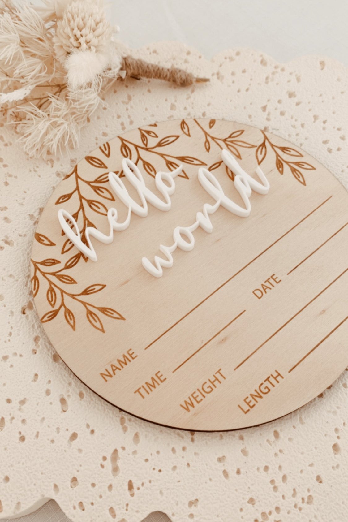 Baby Birth Announcement Plaque Hello World engraved leaves,  baby name disc birth details