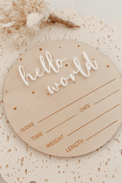 Baby Birth Announcement Plaque Hello World engraved stars,  baby name disc birth details