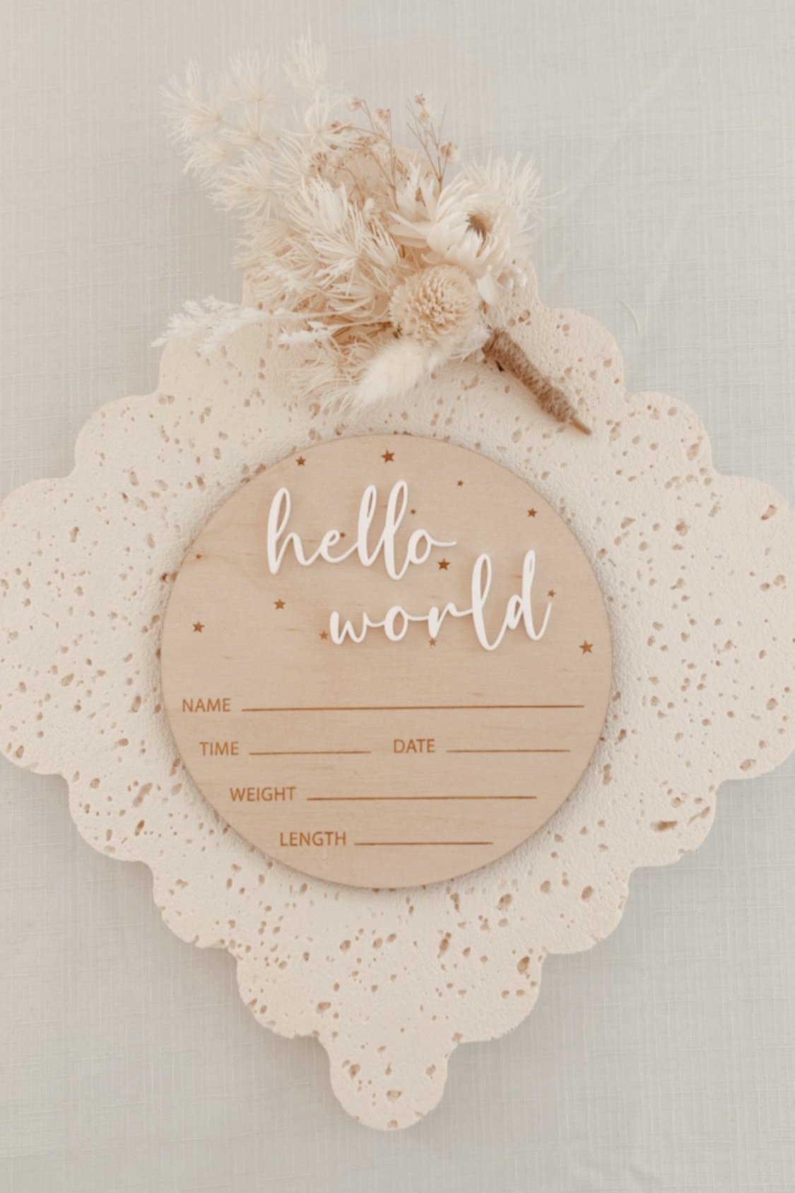 Baby Birth Announcement Plaque Hello World engraved stars,  baby name disc birth details