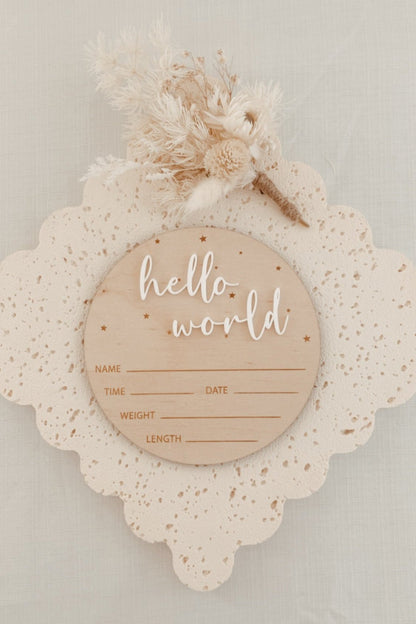 Baby Birth Announcement Plaque Hello World engraved stars,  baby name disc birth details