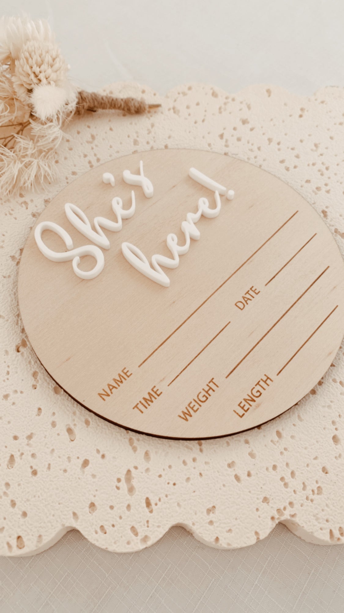 Baby Birth Announcement Plaque She's Here Baby Girl,  baby name disc birth details