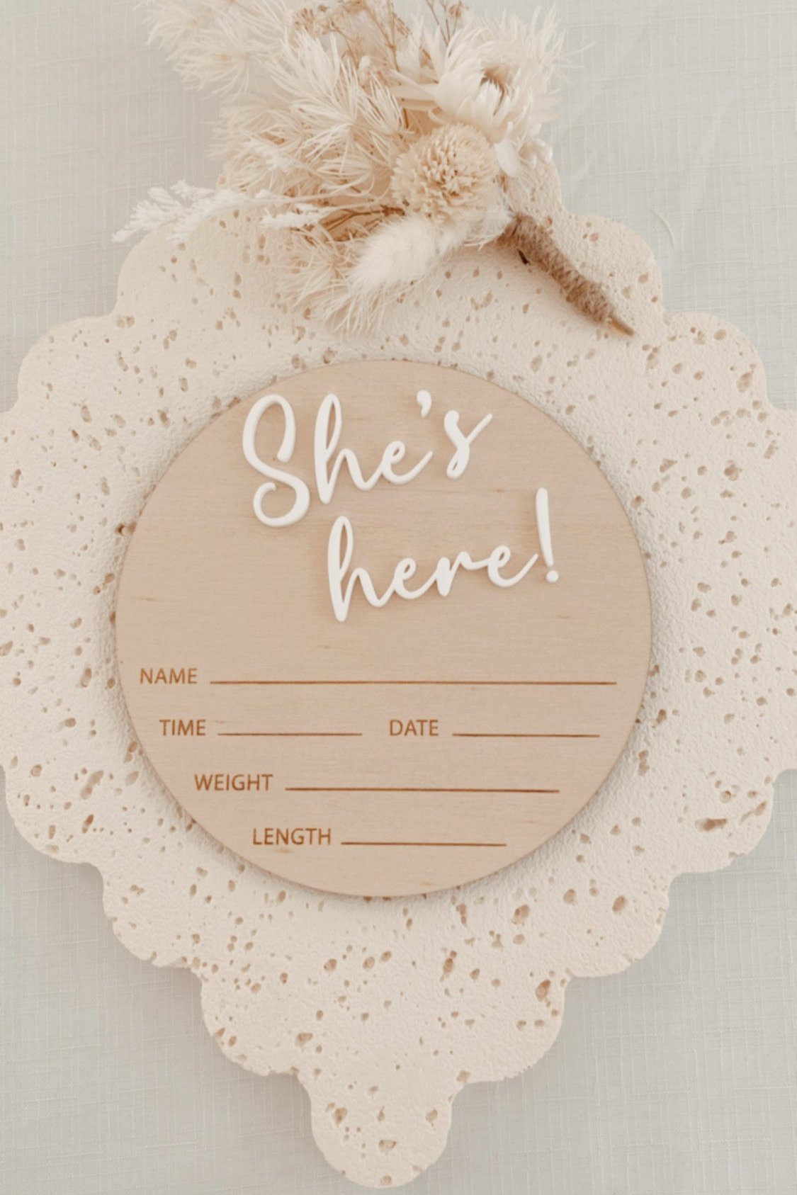 Baby Birth Announcement Plaque She's Here Baby Girl,  baby name disc birth details