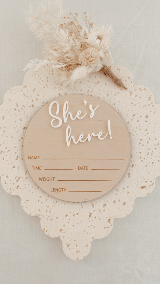 Baby Birth Announcement Plaque She's Here Baby Girl