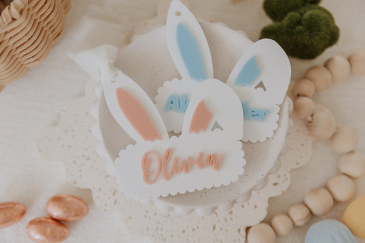 Bunny Ears shaped acrylic Easter Basket Tag white acrylic personalised with name