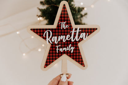 Red Plaid Christmas Tree Star Personalised family name star