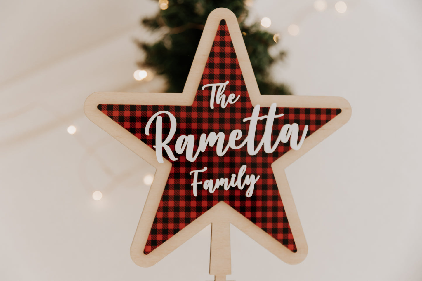 Red Plaid Christmas Tree Star Personalised family name star