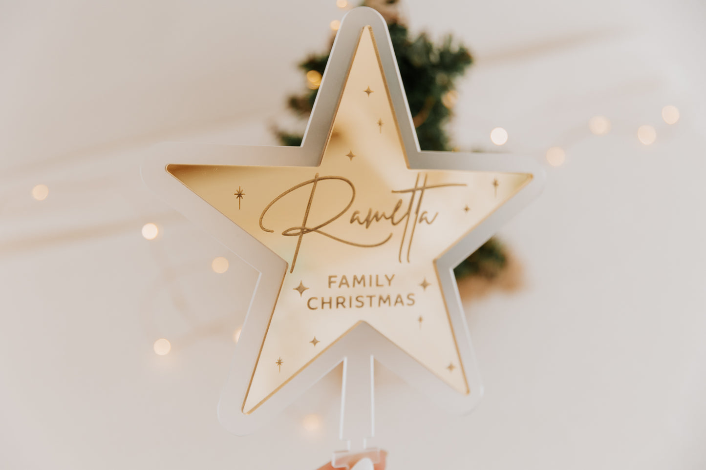 Personalised Family Name Christmas Tree Star, engraved mirror acrylic star for christmas tree