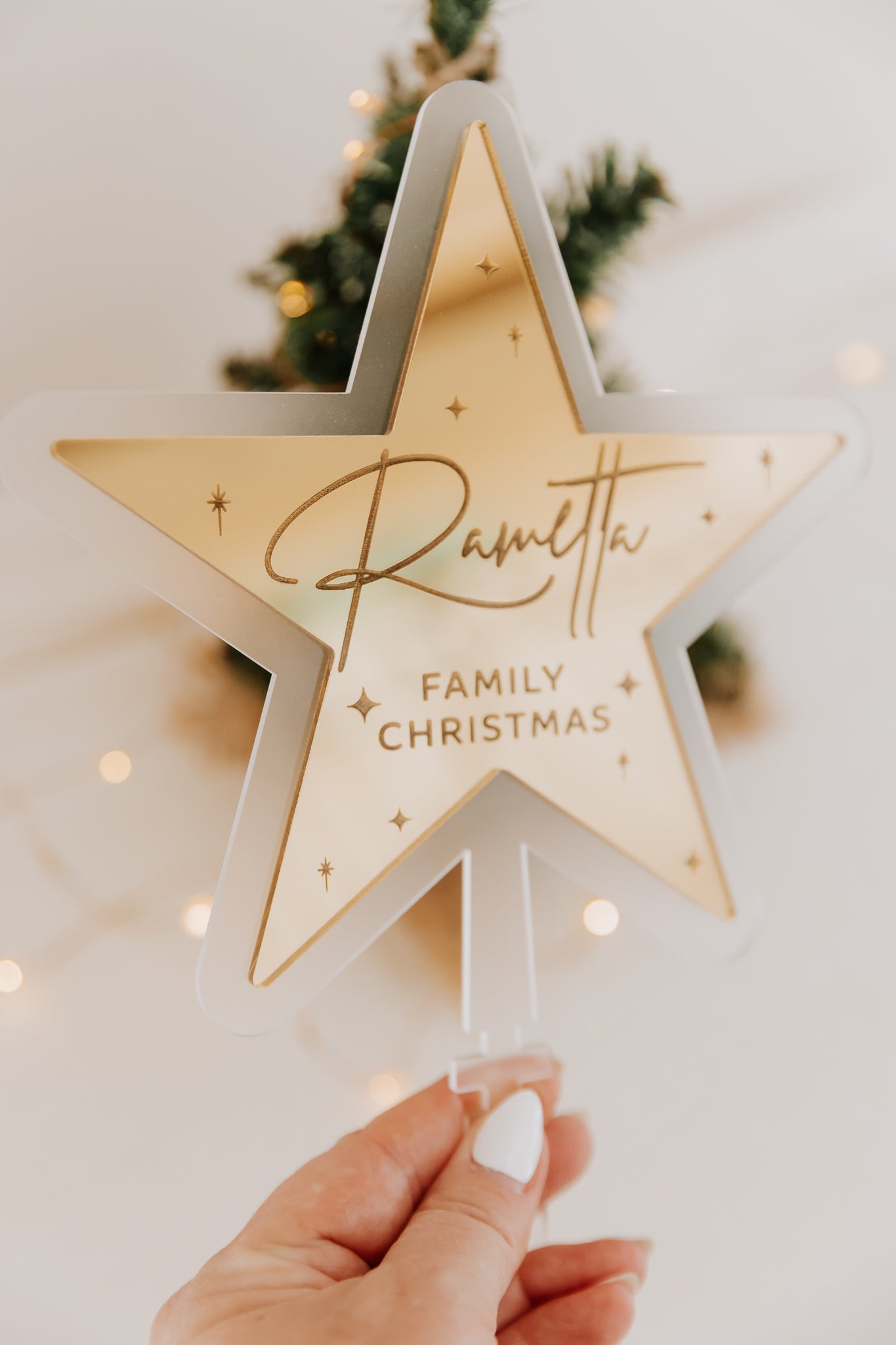 Personalised Family Name Christmas Tree Star, engraved mirror acrylic star for christmas tree