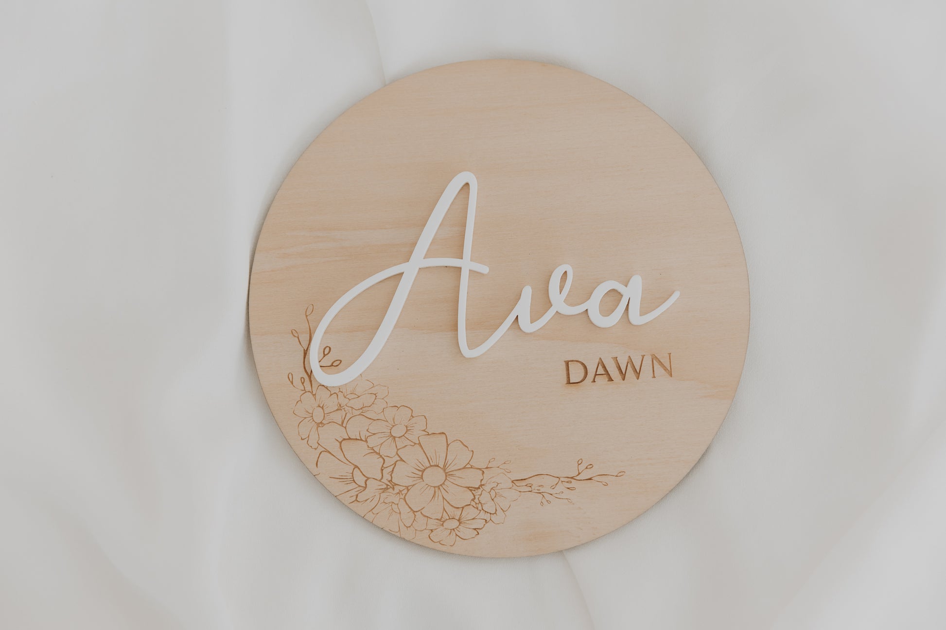 Kids Name Plaque for bedroom nursery. Pine and acrylic round name sign flowers