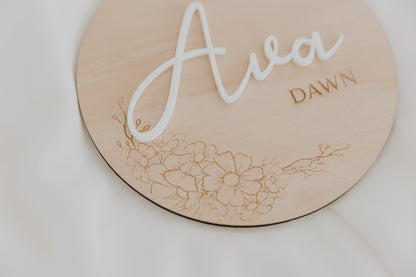 Kids Name Plaque for bedroom nursery. Pine and acrylic round name sign flower design