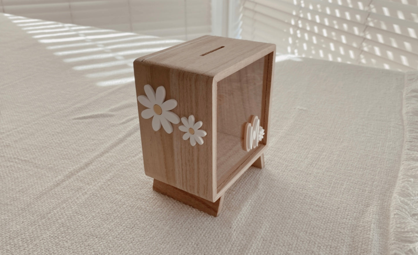 Wooden Kids Money Box Piggy Bank Daisy