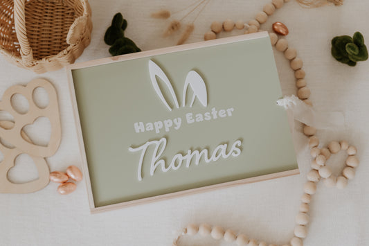 Wood Easter Box with Sage Green Acrylic Lid, Happy Easter Bunny Ears personalised with name in white acrylic