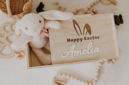 Wooden Easter Box with engraved Lid, Happy Easter and Bunny Ears personalised with name in white acrylic