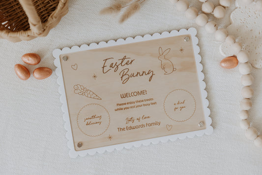 Wood and acrylic Easter Bunny Serving Treat Board Plate engraved and personalised with children's or family name, removable clear acrylic top