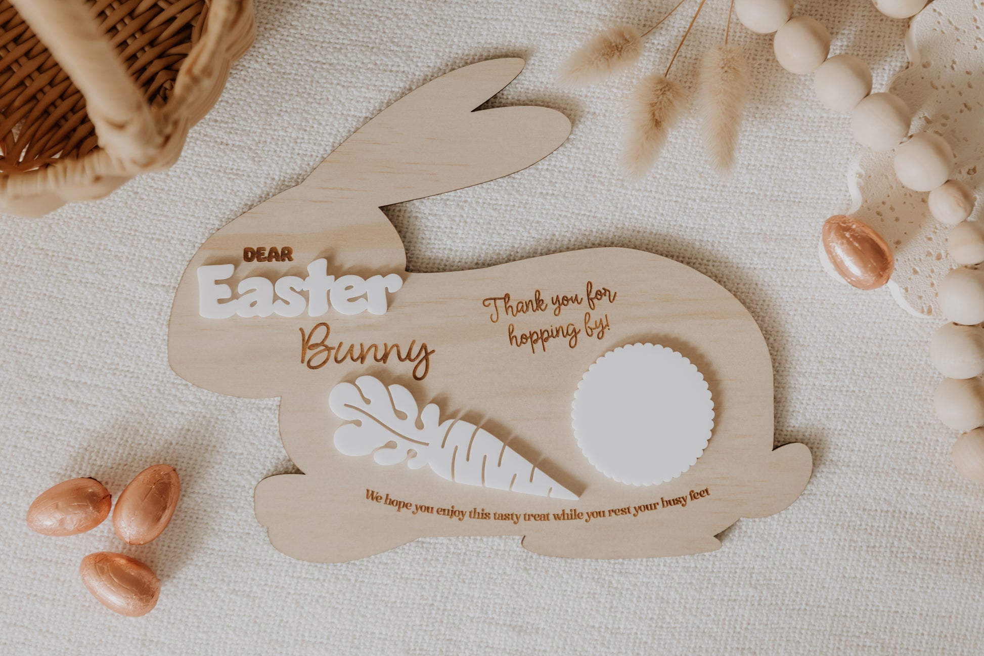 Wooden engraved Easter Bunny Shaped treat serving board tray with white acrylic features