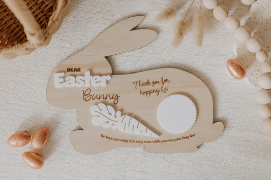 Wooden engraved Easter Bunny Shaped treat serving board tray with white acrylic features