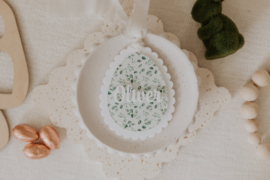 Green Leaves design acrylic easter basket tag personalised with child name in white acrylic