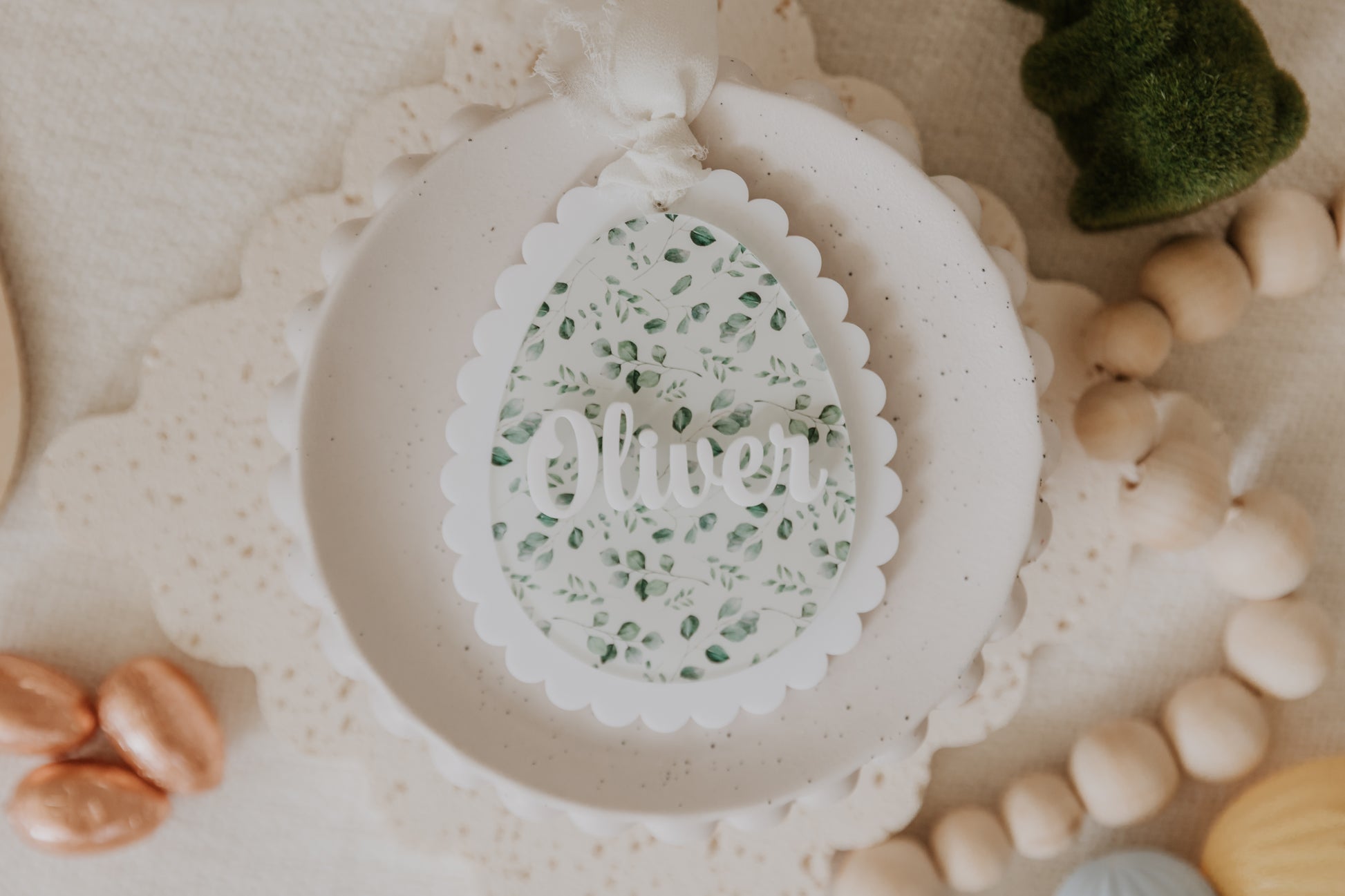 Green Leaves design acrylic easter basket tag personalised with child name in white acrylic