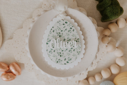 Green Leaves design acrylic easter basket tag personalised with child name in white acrylic