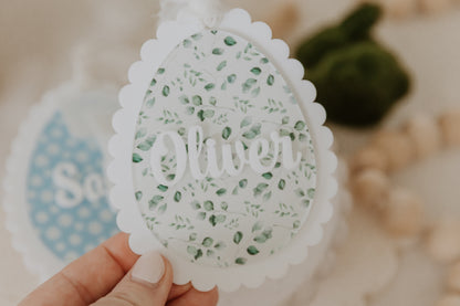 Green Leaves design acrylic easter basket tag personalised with child name in white acrylic