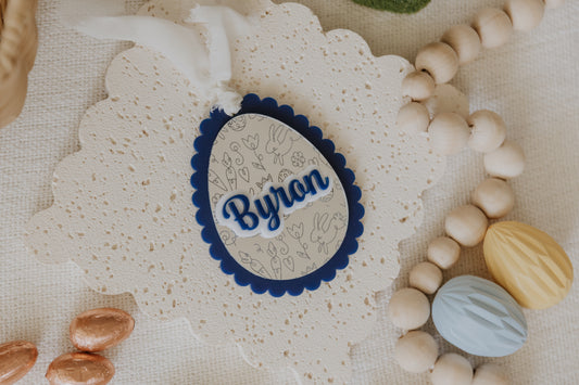 Engraved mirror acrylic Easter Basket Tag with scalloped edge personalised with child name