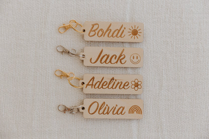 Engraved wood name keyring bag tag