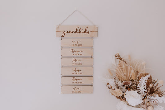 Wooden engraved Grandparent gift - grandkids sign with grandchildren names and birthdays, engraved wall hanging sign for grandparents