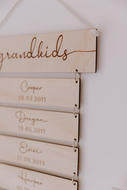 Grandparent gift - grandkids sign with grandchildren names and birthdays, engraved wall hanging sign for grandparents