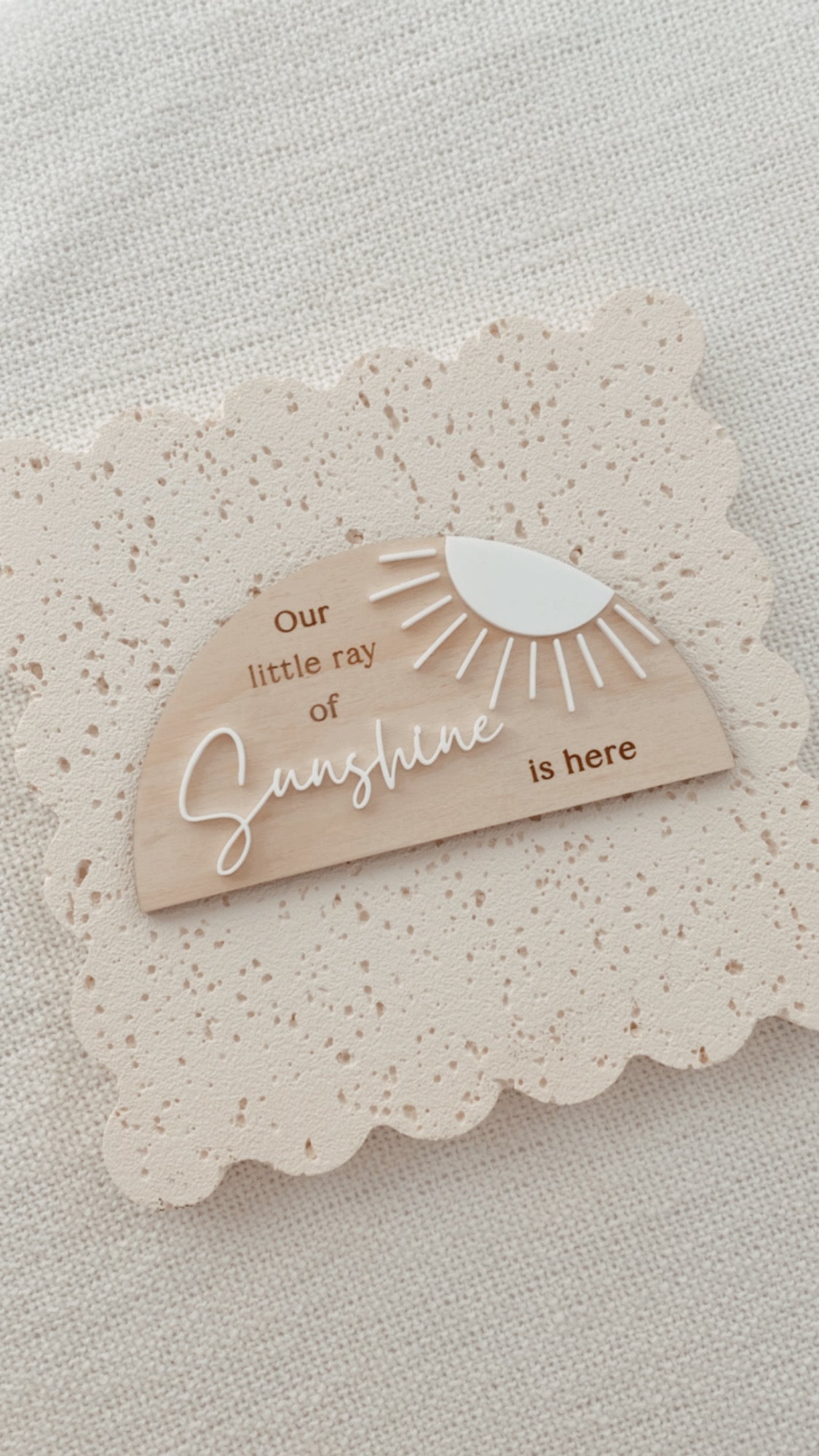 Our little ray of sunshine is here wooden and acrylic birth announcement plaque