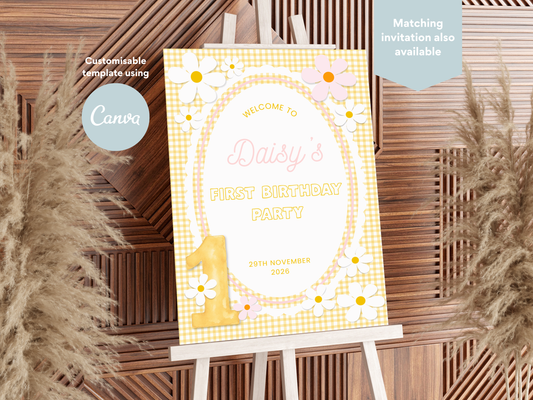 First Birthday Welcome Sign Template - Daisy Yellow and Pink (Digital Download)