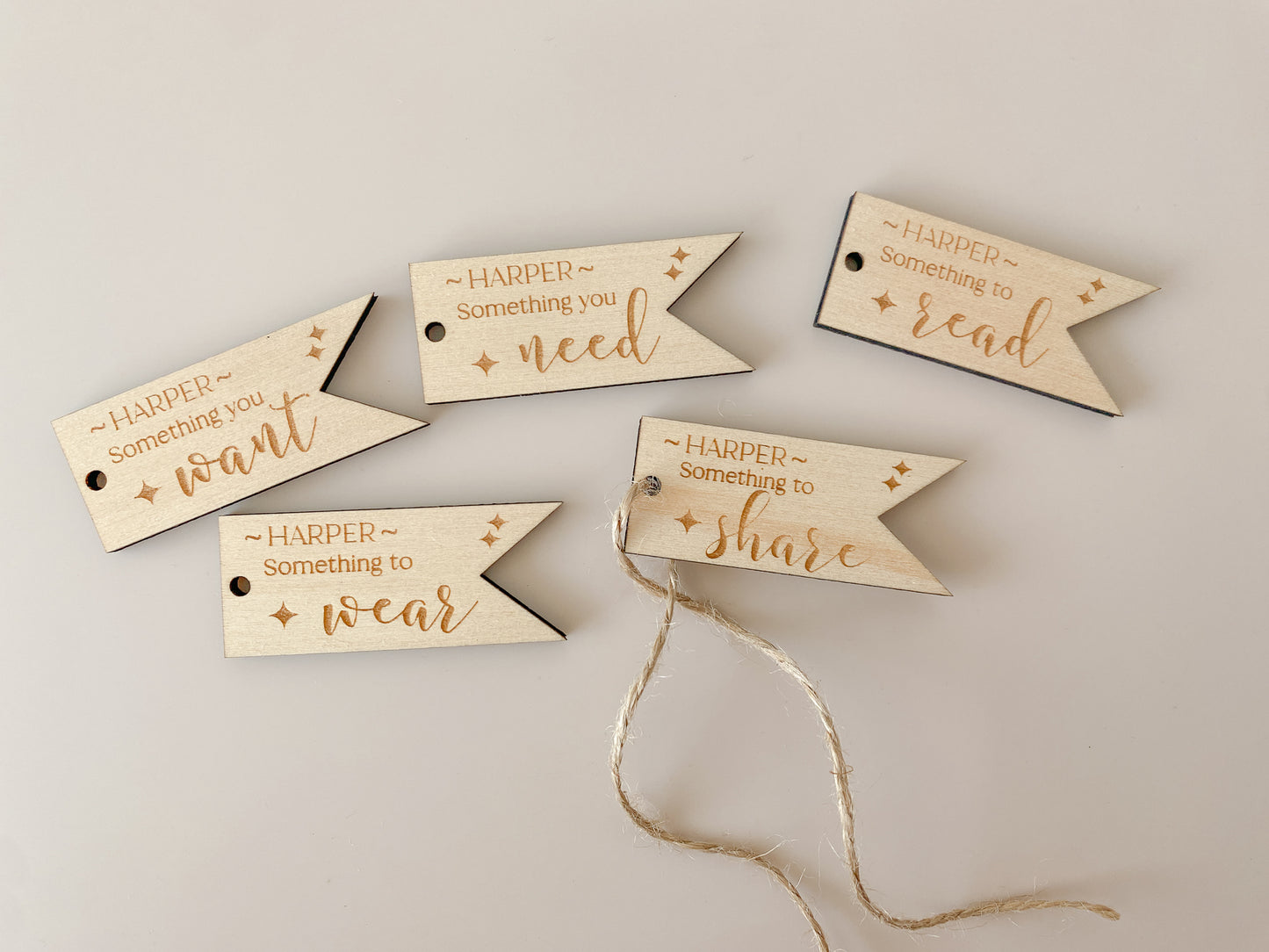 Mindful Present tags Personalised - Want, Need, Read, Wear, Share tags