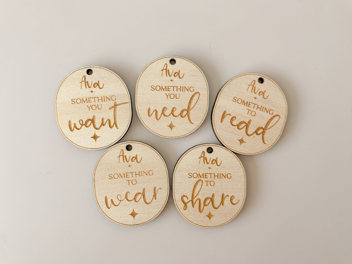 Mindful Present tags Personalised - Want, Need, Read, Wear, Share tags