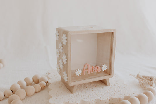 Kids Daisy wooden Money Box with personalised Acrylic Name