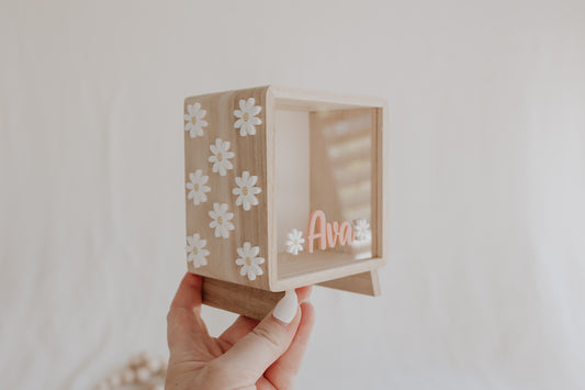 Kids Daisy wooden Money Box with personalised Acrylic Name