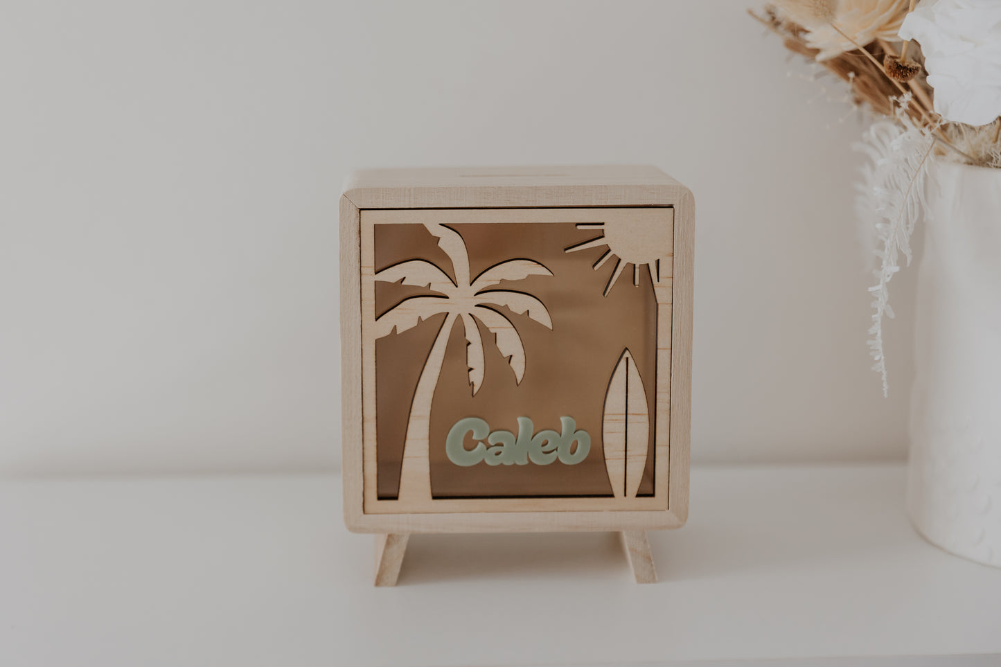 Kids money box piggy bank palm tree beach scene surfboard, savings box, personalised custom wooden money box, piggy bank for boys