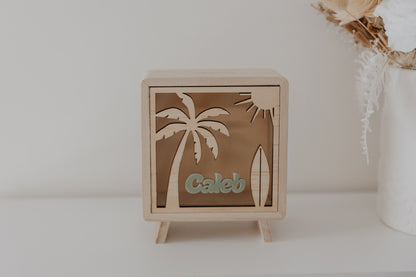 Kids money box piggy bank palm tree beach scene surfboard, savings box, personalised custom wooden money box, piggy bank for boys