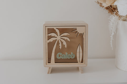 Kids money box piggy bank palm tree beach scene surfboard, savings box, personalised custom wooden money box, piggy bank for boys