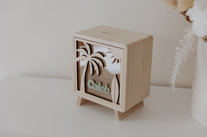 Kids money box piggy bank palm tree beach scene surfboard, savings box, personalised custom wooden money box, piggy bank for boys