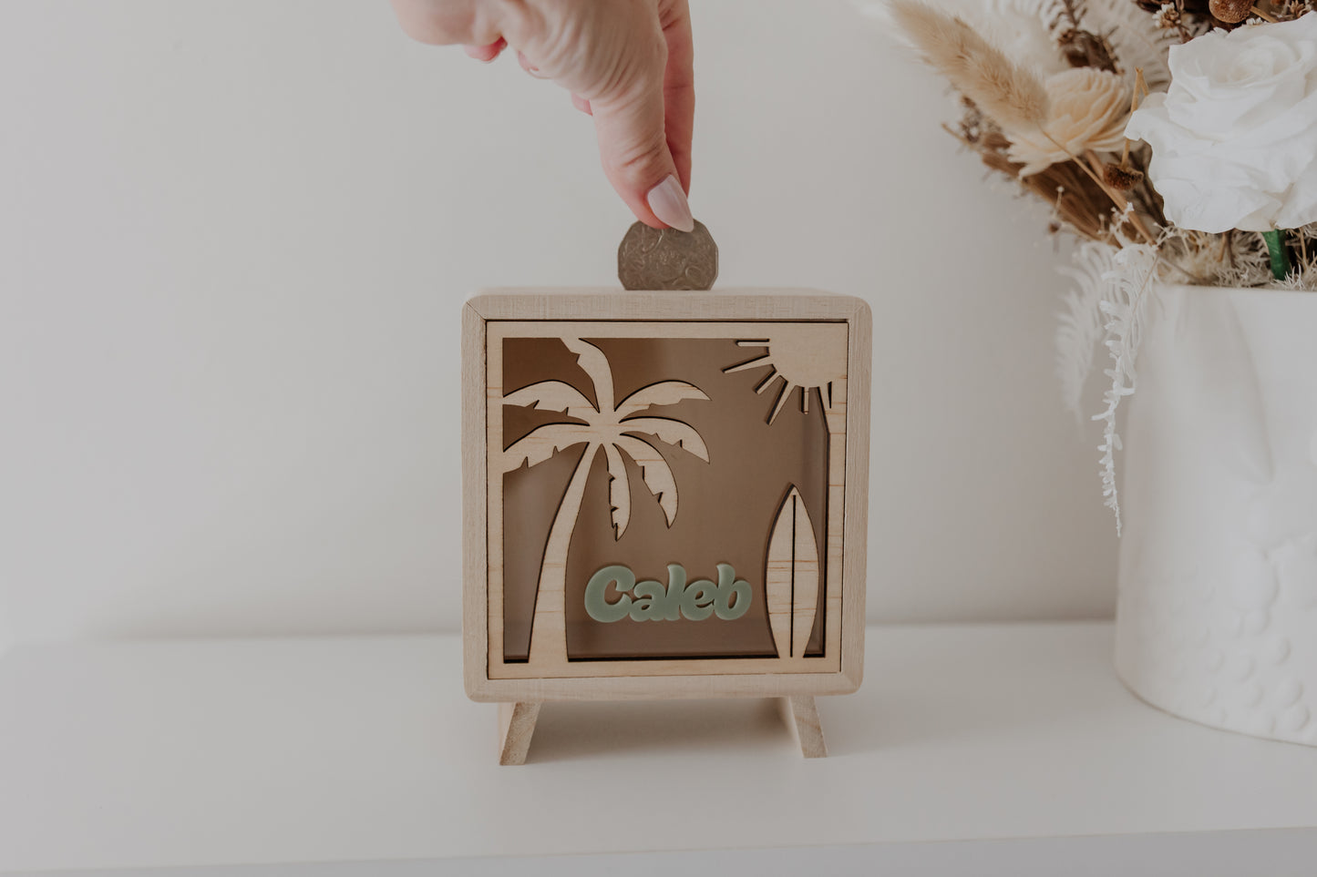 Kids money box piggy bank palm tree beach scene surfboard, savings box, personalised custom wooden money box, piggy bank for boys