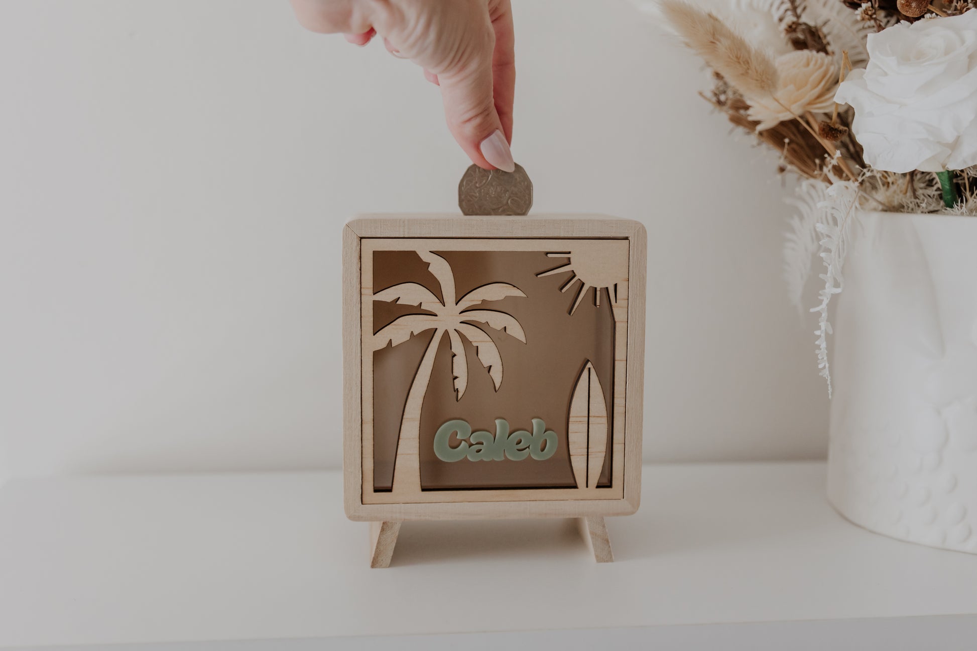 Kids money box piggy bank palm tree beach scene surfboard, savings box, personalised custom wooden money box, piggy bank for boys