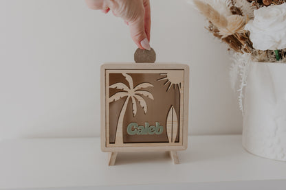 Kids money box piggy bank palm tree beach scene surfboard, savings box, personalised custom wooden money box, piggy bank for boys