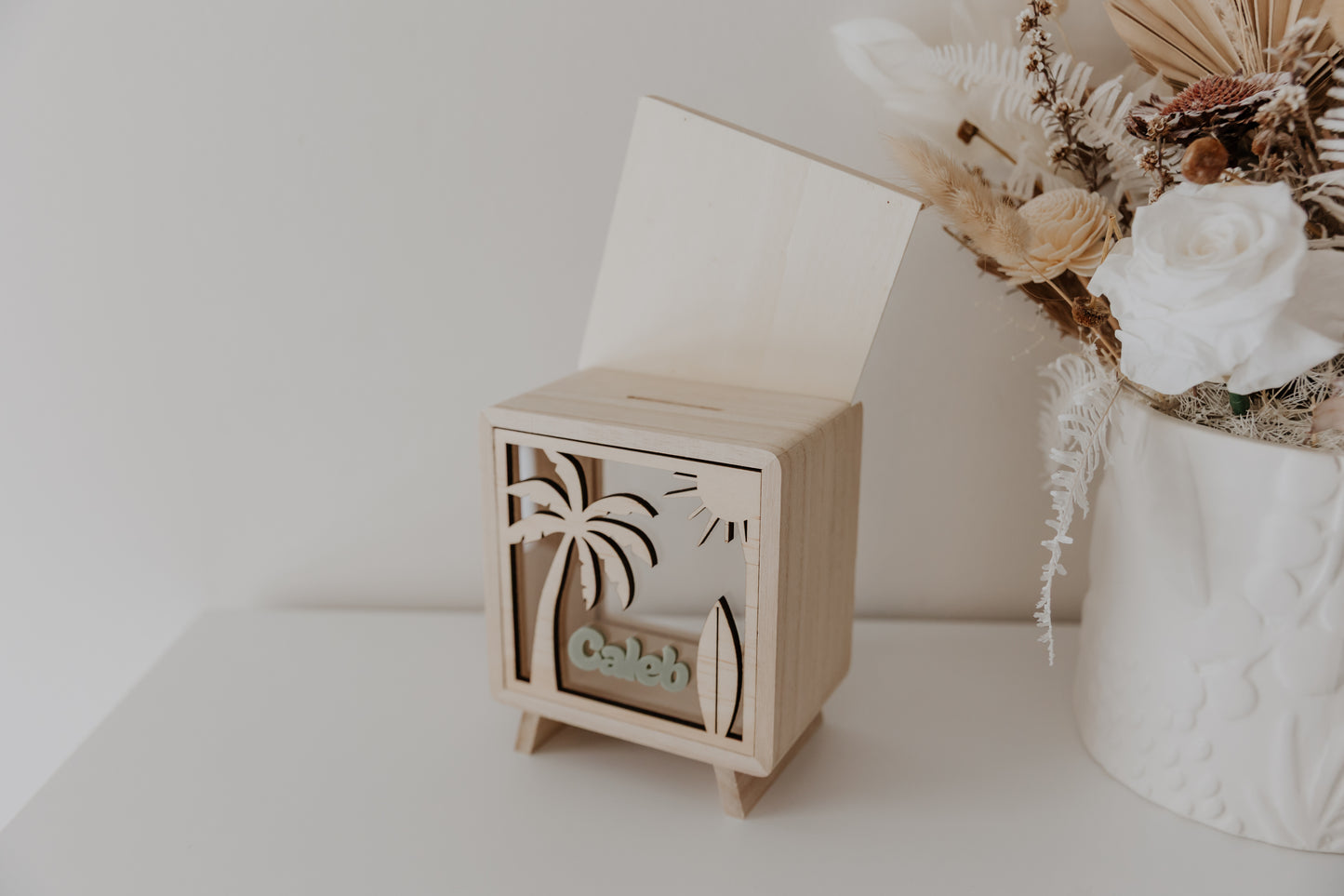 Kids money box piggy bank palm tree beach scene surfboard, savings box, personalised custom wooden money box, piggy bank for boys