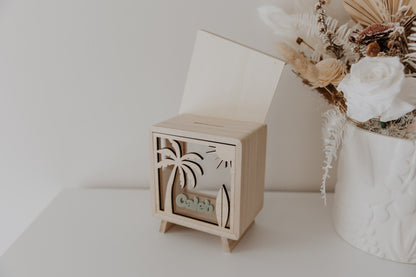 Kids money box piggy bank palm tree beach scene surfboard, savings box, personalised custom wooden money box, piggy bank for boys
