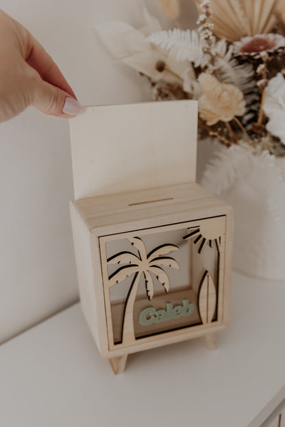 Kids money box piggy bank palm tree beach scene surfboard, savings box, personalised custom wooden money box, piggy bank for boys