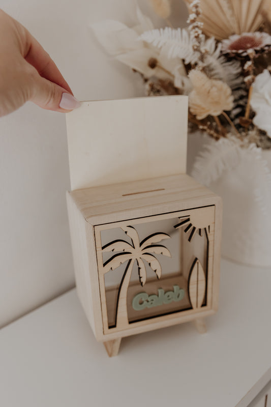 Kids money box piggy bank palm tree beach scene surfboard, savings box, personalised custom wooden money box, piggy bank for boys