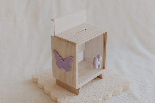 Butterfly Money box personalised piggy bank, moneybox for girls, wooden custom kids money box