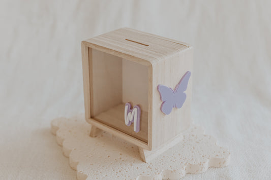 Butterfly Money box personalised piggy bank, moneybox for girls, wooden custom kids money box