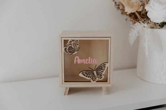 Kids money box piggy bank butterfly, savings box, personalised custom wooden money box with name, piggy bank for girls