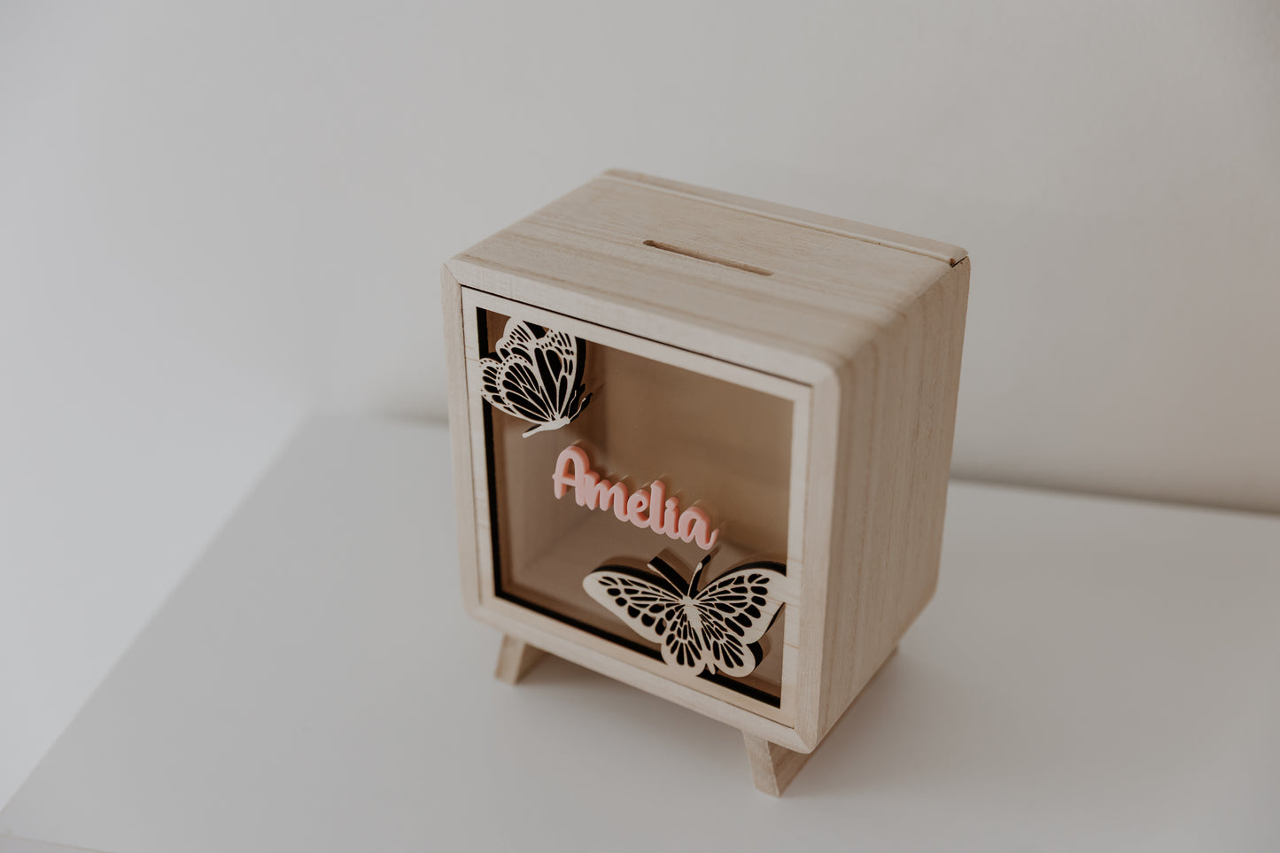 Kids money box piggy bank butterfly, savings box, personalised custom wooden money box with name, piggy bank for girls
