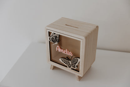 Kids money box piggy bank butterfly, savings box, personalised custom wooden money box with name, piggy bank for girls